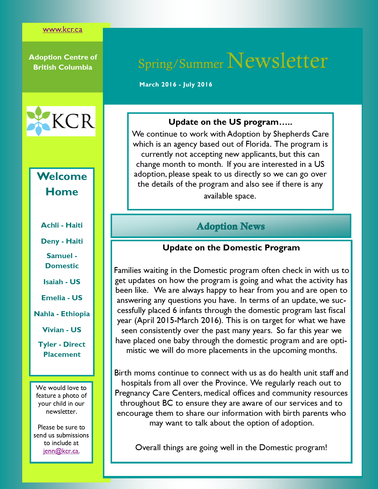 Adoption Newsletter - Summer 2016
